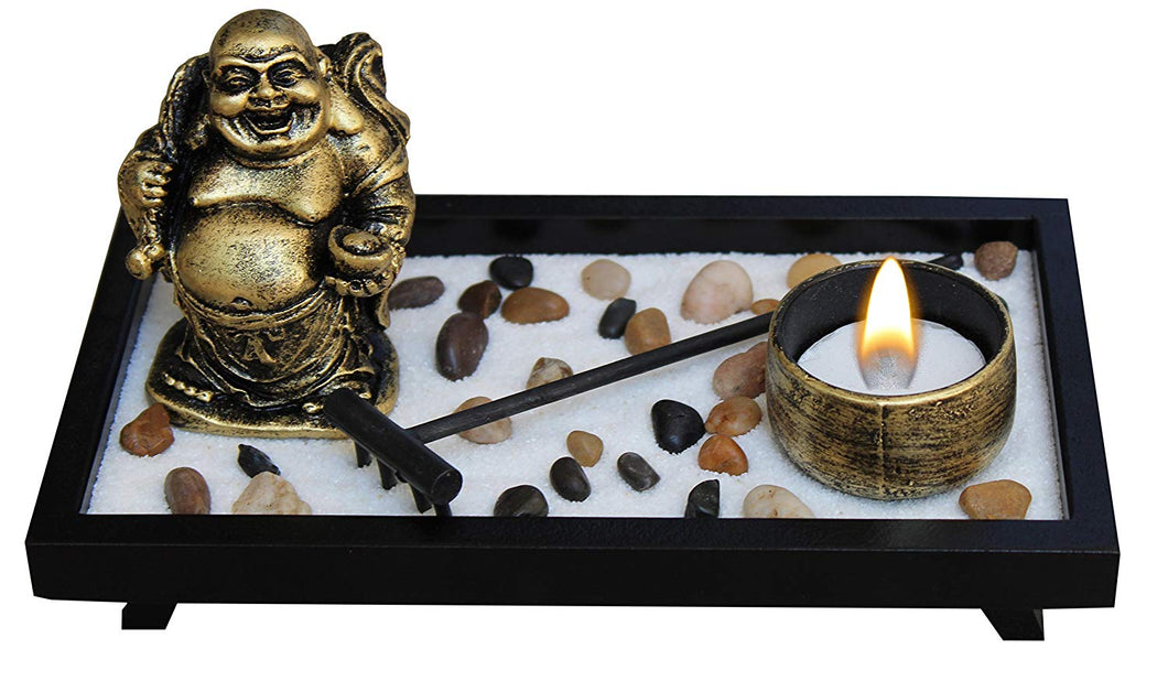 Zen Garden Deluxe Desk Meditation Garden Wu Lou Zen Statue Includes, Tea Light Holder, Sand, Rocks, And Rake (Candle Not Included)