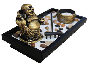 Zen Garden Deluxe Desk Meditation Garden Wu Lou Zen Statue Includes, Tea Light Holder, Sand, Rocks, And Rake (Candle Not Included)