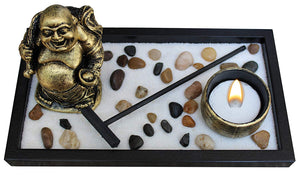 Zen Garden Deluxe Desk Meditation Garden Wu Lou Zen Statue Includes, Tea Light Holder, Sand, Rocks, And Rake (Candle Not Included)